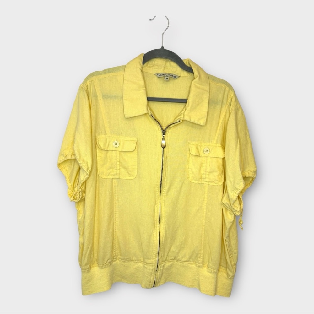 Vintage Y2K Yellow Utility Linen Blend Zip Front Short Sleeve Shirt Top 3X